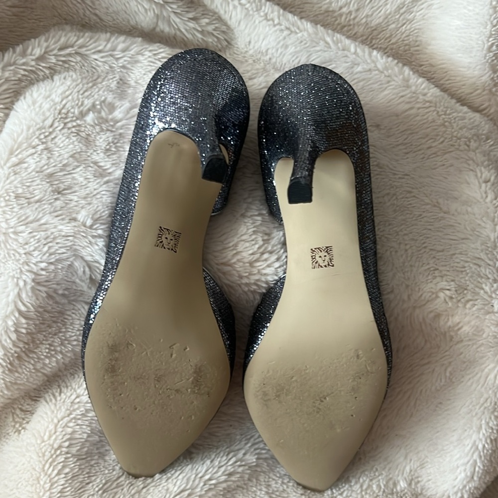 Anne Klein Pewter Sequined Heels. - Picture 6 of 8